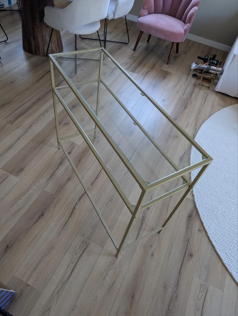 Gouden console tafel met glazen blad, Ophalen, 100 tot 150 cm, Zo goed als nieuw, Glas