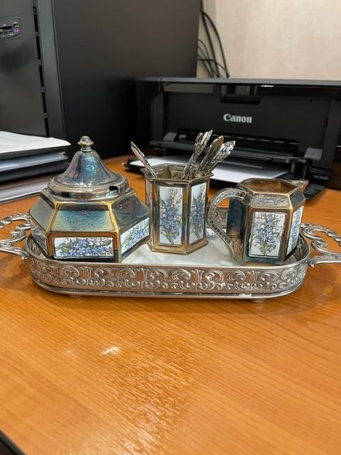 roomstelletje, 4 delig, verzilverd, en bonbonschaaltje, Brocante, Meerkleurig, Overige materialen, Nieuw
