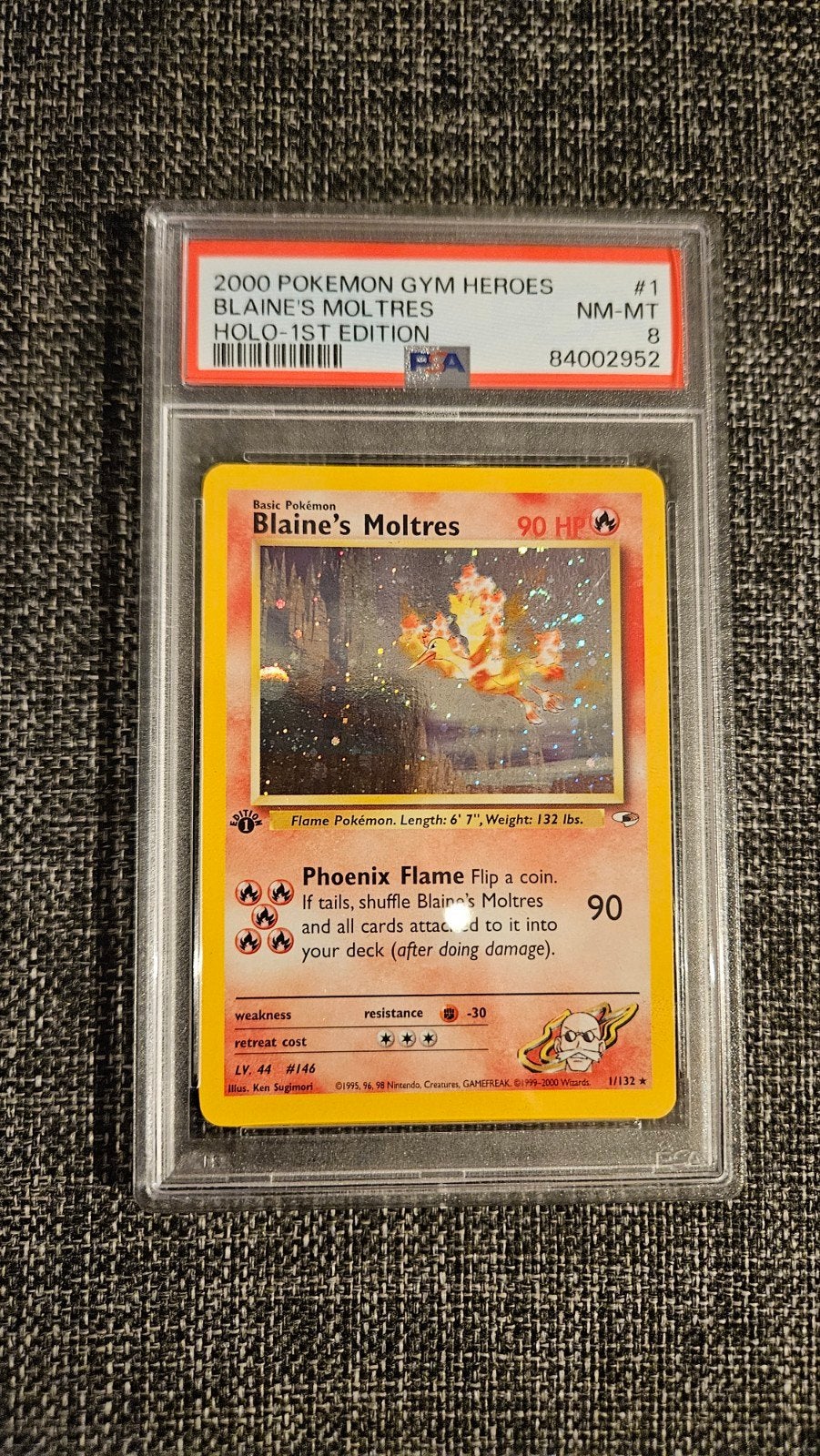 2000 Pokémon Gym Heroes 1st Ed. Blaine's Moltres Holo PSA 8, Hobby en Vrije tijd, Ophalen of Verzenden, Zo goed als nieuw, Losse kaart