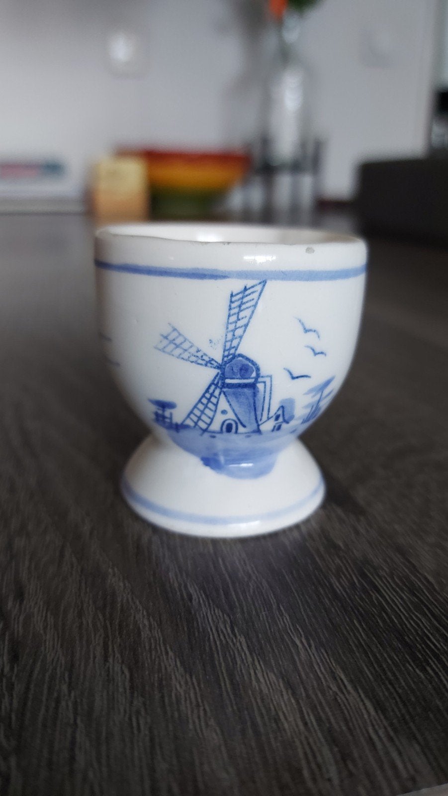Oud eierdopje met Hollands motief - molen en bloemen, Ophalen of Verzenden