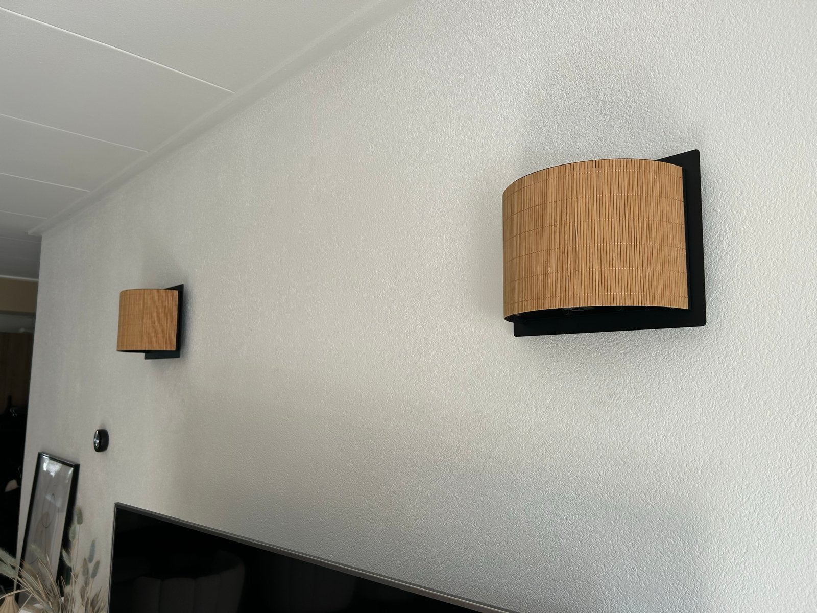 Wandlampen bamboe met zwart metalen frame, Huis en Inrichting, Indirect licht, Meerkleurig, Ophalen of Verzenden, Zo goed als nieuw