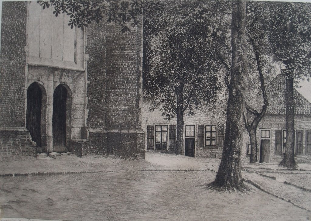 Albert Hemelman (1883-1951) - Kerkplein Neede - ets, Ophalen of Verzenden, Architectuur, Ets, 1950 - 1999