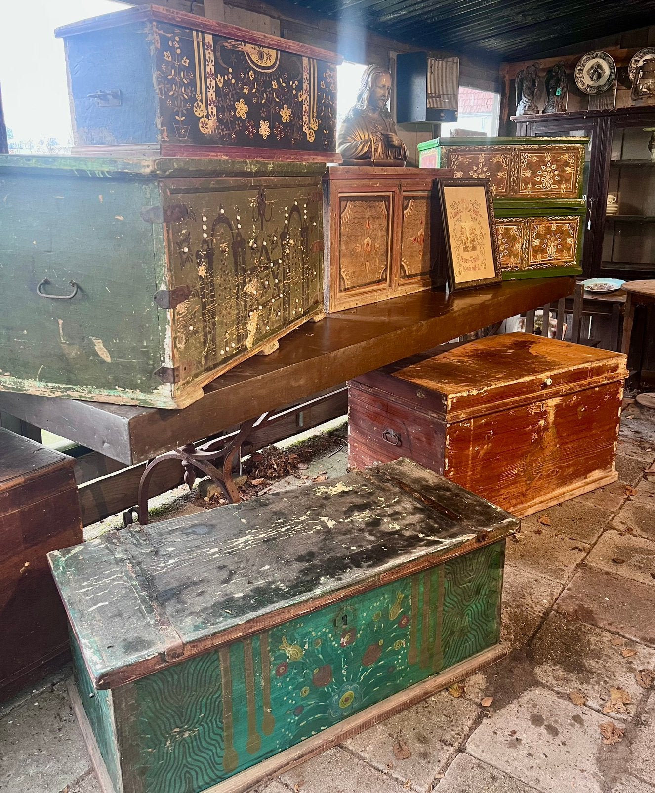 *Antiek dekenkist Oude beschilderde kist Brocante salontafel, Ophalen, Minder dan 50 cm, Gebruikt, Waldenwoods@live.nl