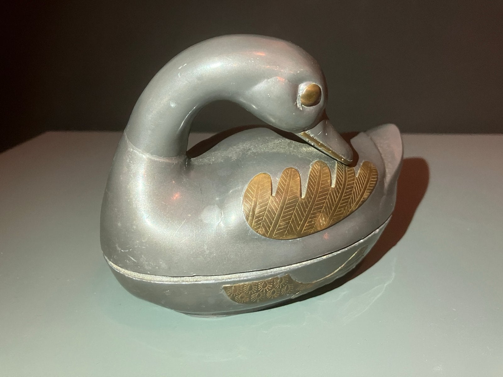 Vintage Tinnen & Messing Eend Snuisterijdoosje midcentury, Antiek en Kunst, Ophalen of Verzenden