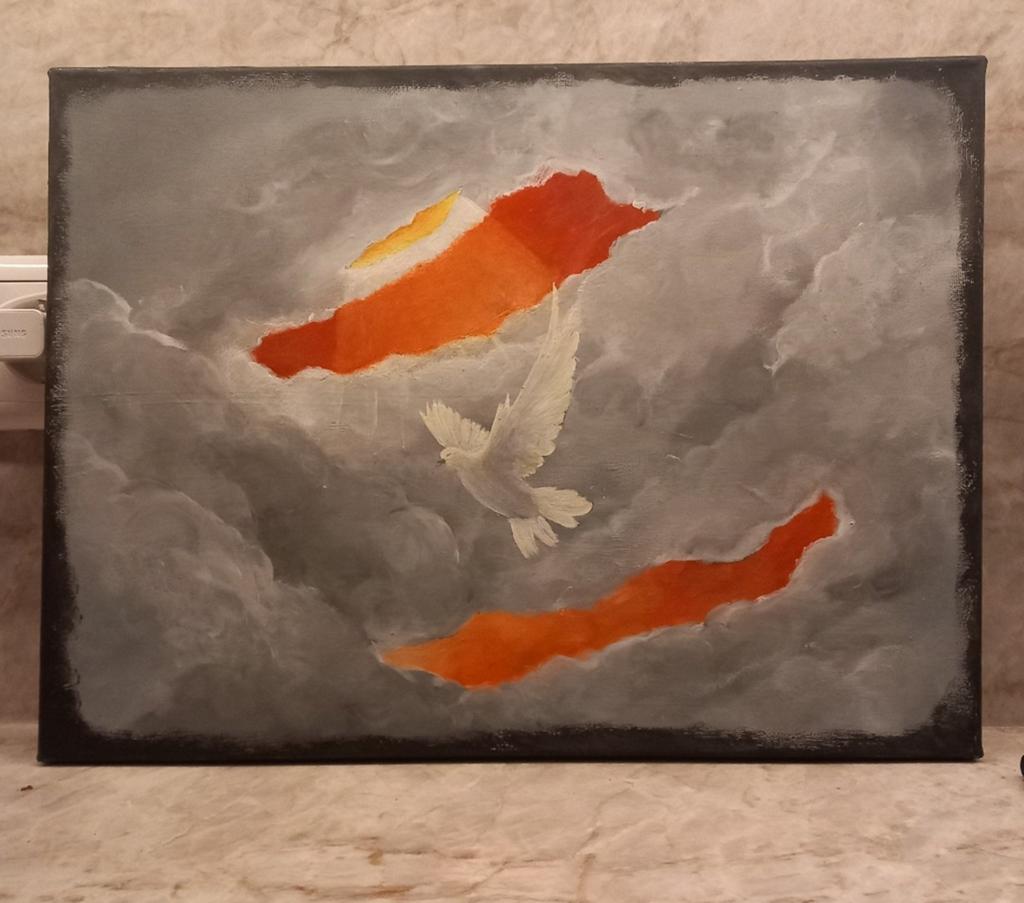 Acryl schilderij 30x40 cm - Vredesduif in de wolken, Antiek en Kunst, Ophalen of Verzenden