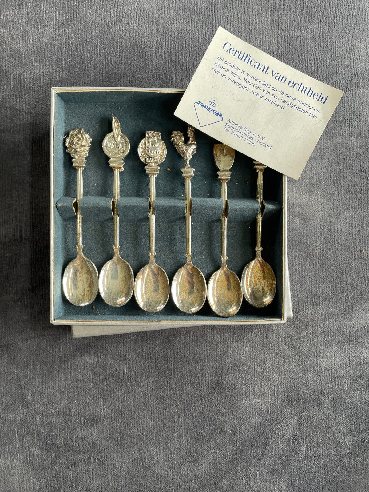 Antieke Regina verzilverde lepeltjes set met echtheidscertif, Antiek en Kunst, Ophalen of Verzenden