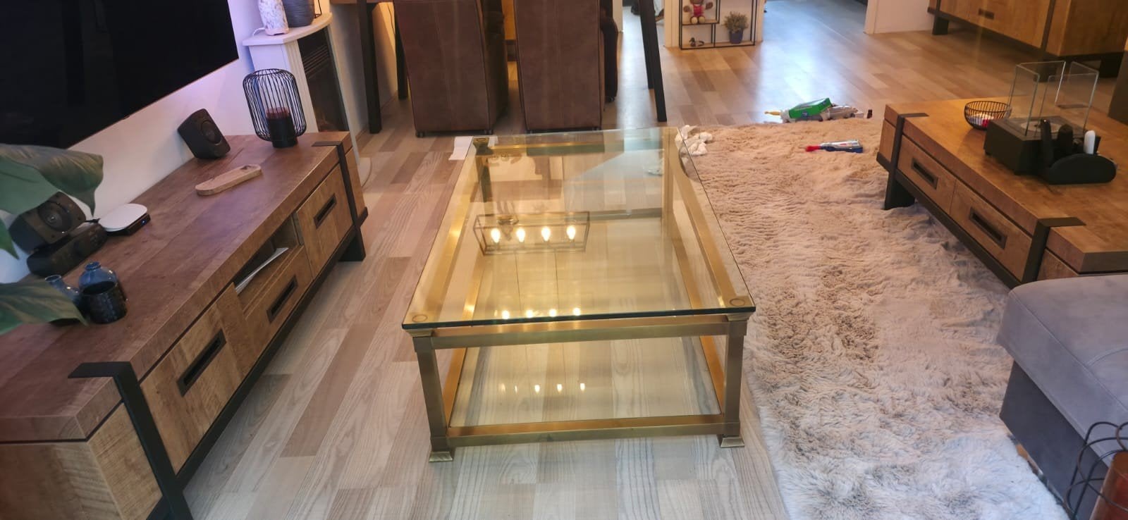 Glazen salontafel met stalen onderstel, Huis en Inrichting, Ophalen, Gebruikt, 100 tot 150 cm, 50 tot 100 cm