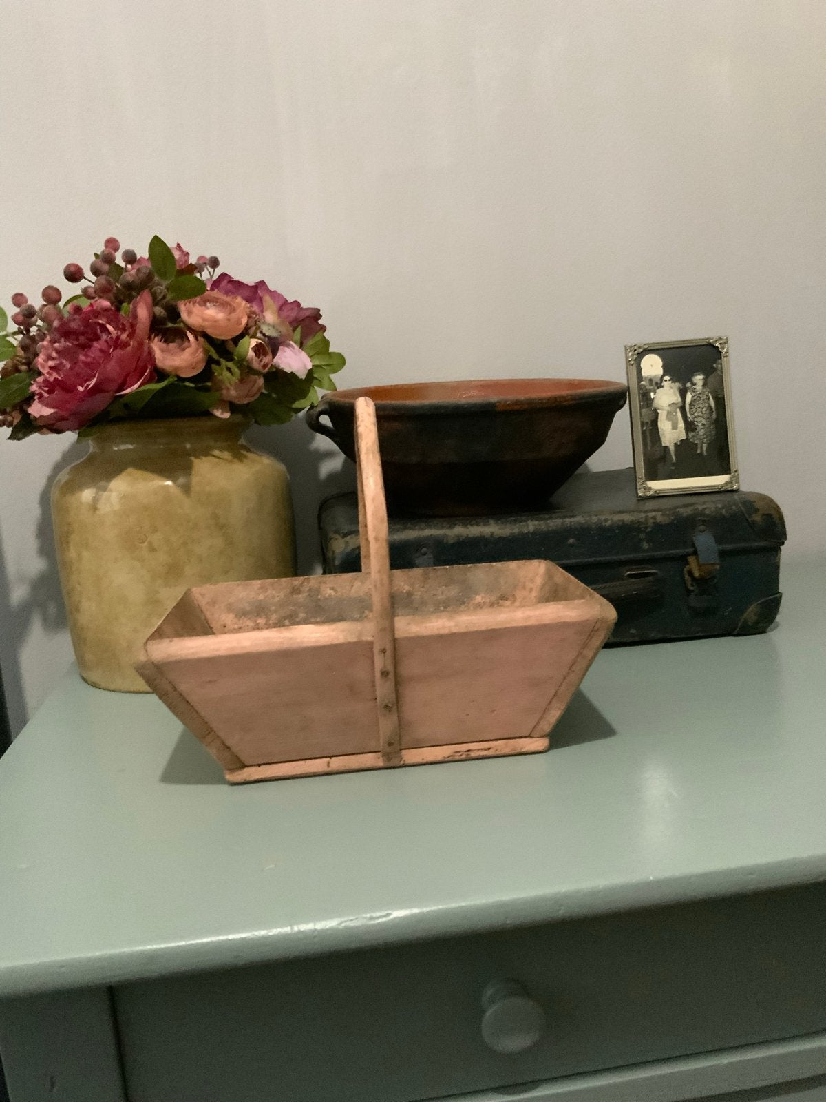 Oud frans brocante houten plukmand / bakje met hengsel, Ophalen of Verzenden