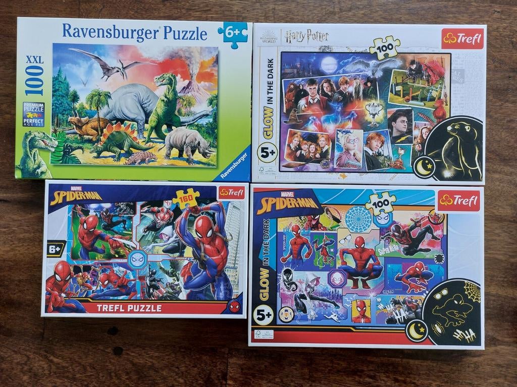 Set van 4 puzzels: dino, Harry Potter en Spiderman (2x), Ophalen, Meer dan 50 stukjes, 6 jaar of ouder