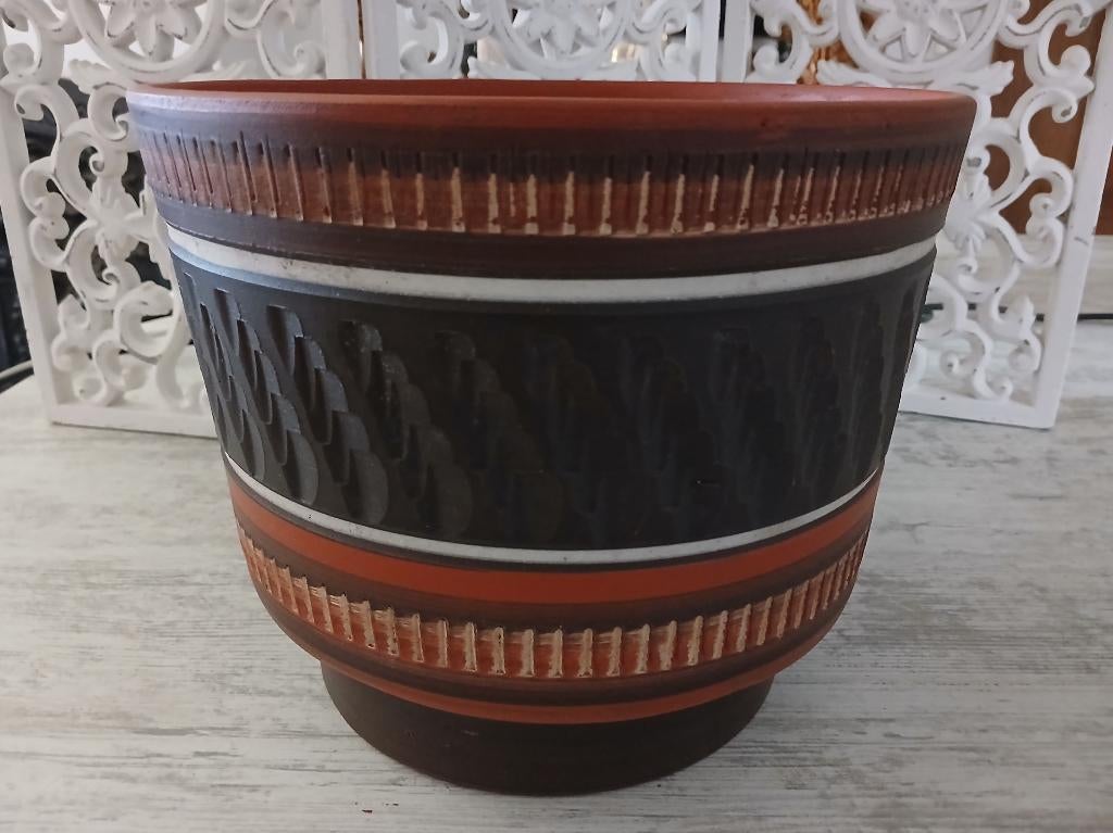 Vintage bloempot sgraffito terracotta Dumler & Breiden 22cm, Rond, Binnen, Ophalen of Verzenden, Aardewerk
