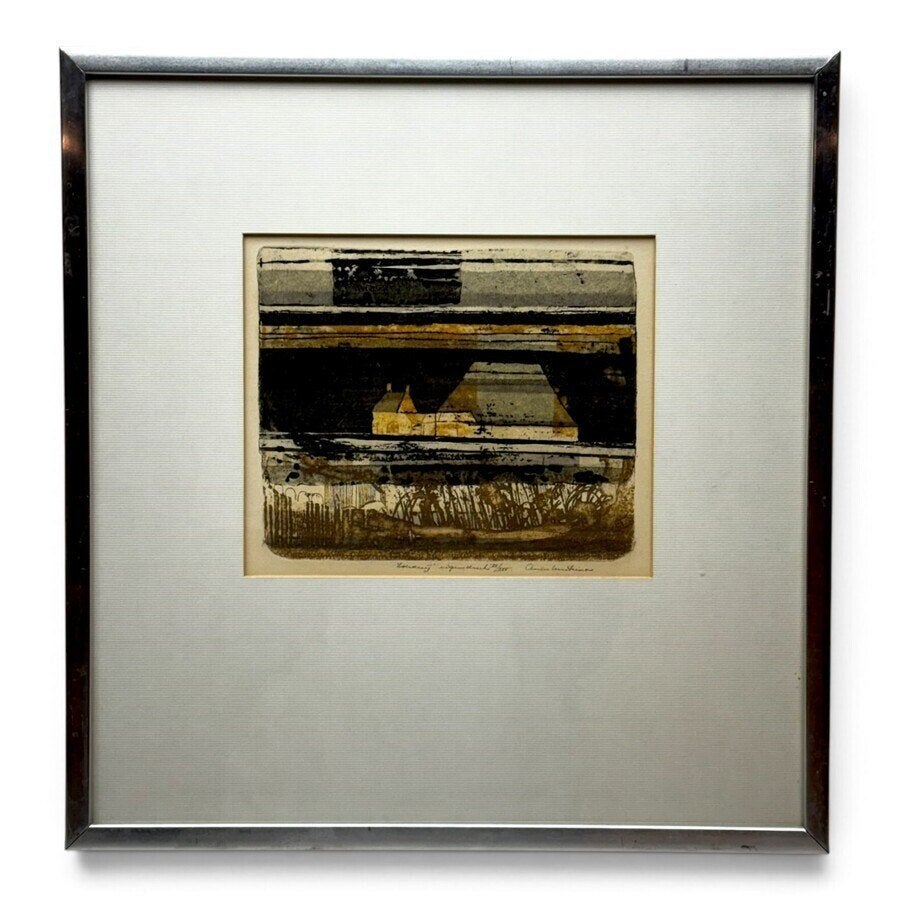 Anne Huitema (1941), aquatint: 'boerderij', Ophalen of Verzenden, Ingelijst, Aquarel, Landschap