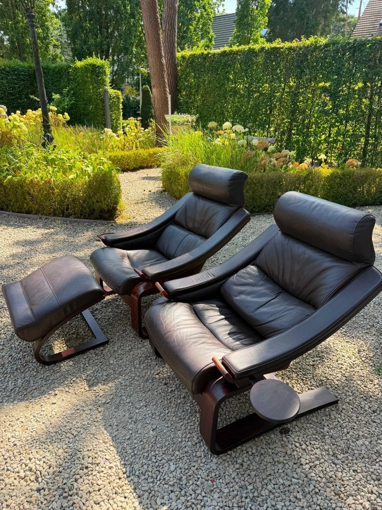 Vintage lounge zetels ROCHE BOBOIS, met voetbank,bruin leder, Antiek en Kunst, Ophalen