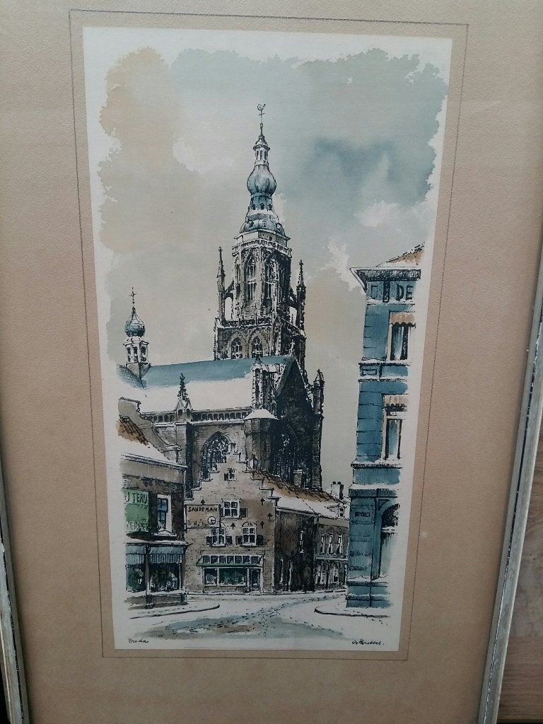 Bob Brobbel: gezicht op de grote kerk van Breda, Antiek en Kunst, Ingelijst, Stadsgezicht, Lithografie, 1950 - 1999
