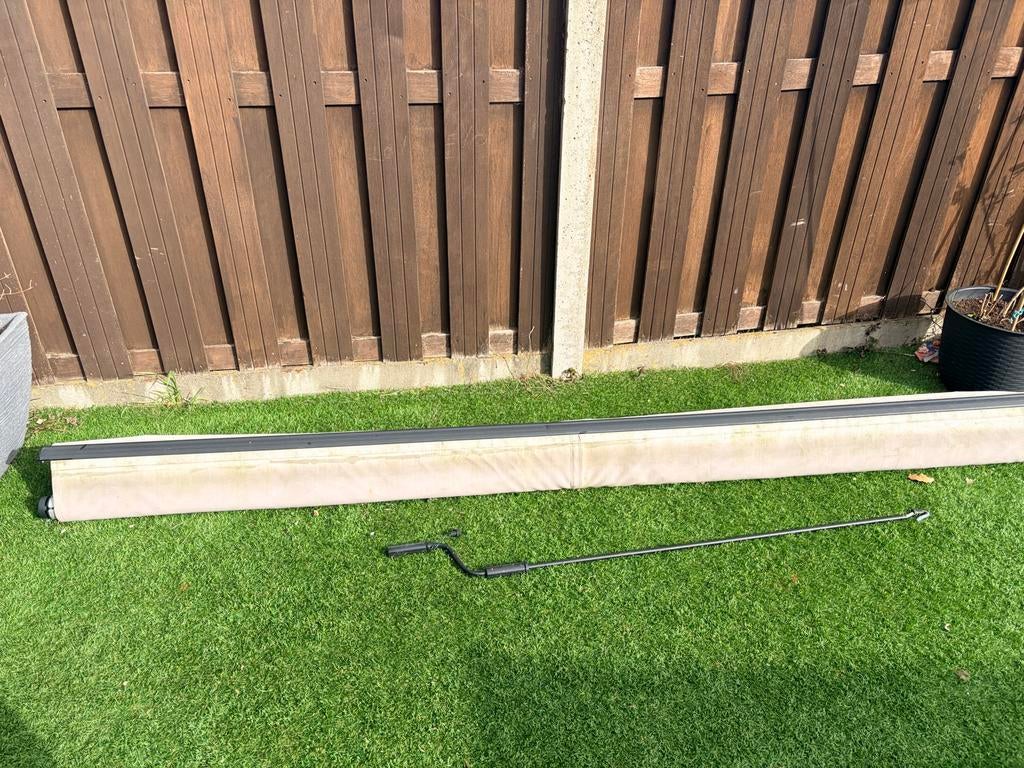 GRATIS Zonnescherm 290 cm breed met beugels en draaistok, Ophalen, Gebruikt, 250 cm tot 450 cm, Uitvalscherm