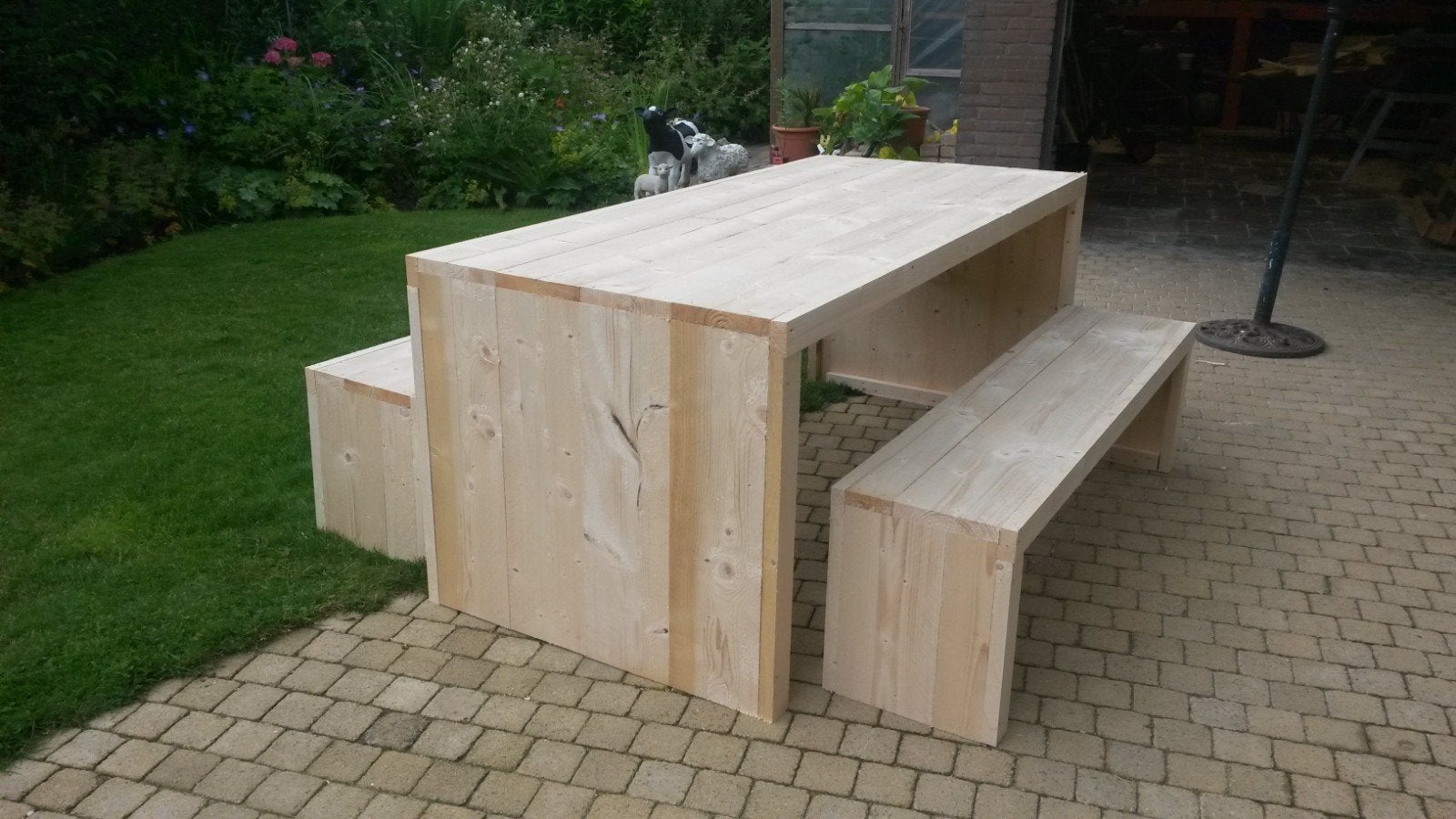 tuintafel en bankjes steigerhout, Tuin en Terras, Ophalen, Nieuw, Steigerhout