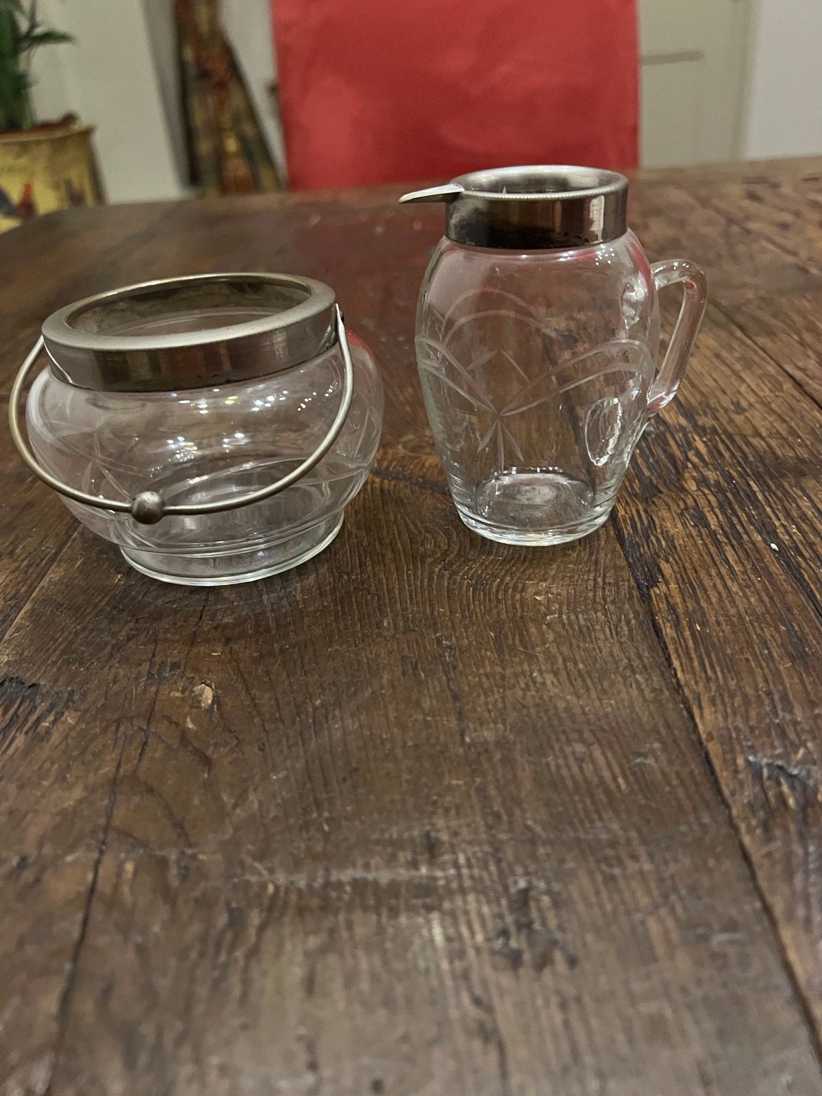 Vintage glazen suikerpot en melkkannetje met zilveren rand, Ophalen of Verzenden