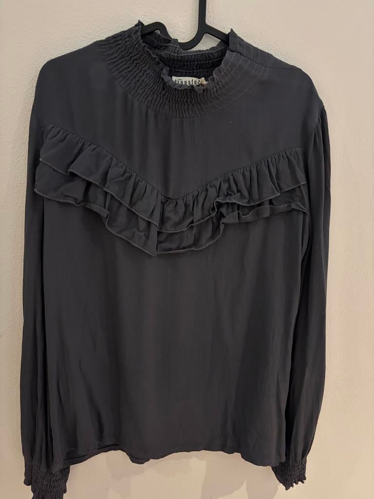 Grijze blouse met ruches en smock details, Ophalen of Verzenden, Gedragen, Maat 38/40 (M), Grijs