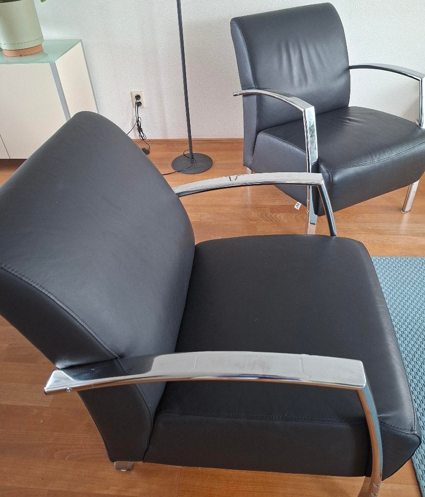 2 fauteuiltjes Montel zwart leer, Huis en Inrichting, Fauteuils, Ophalen, Gebruikt, Minder dan 75 cm, Leer