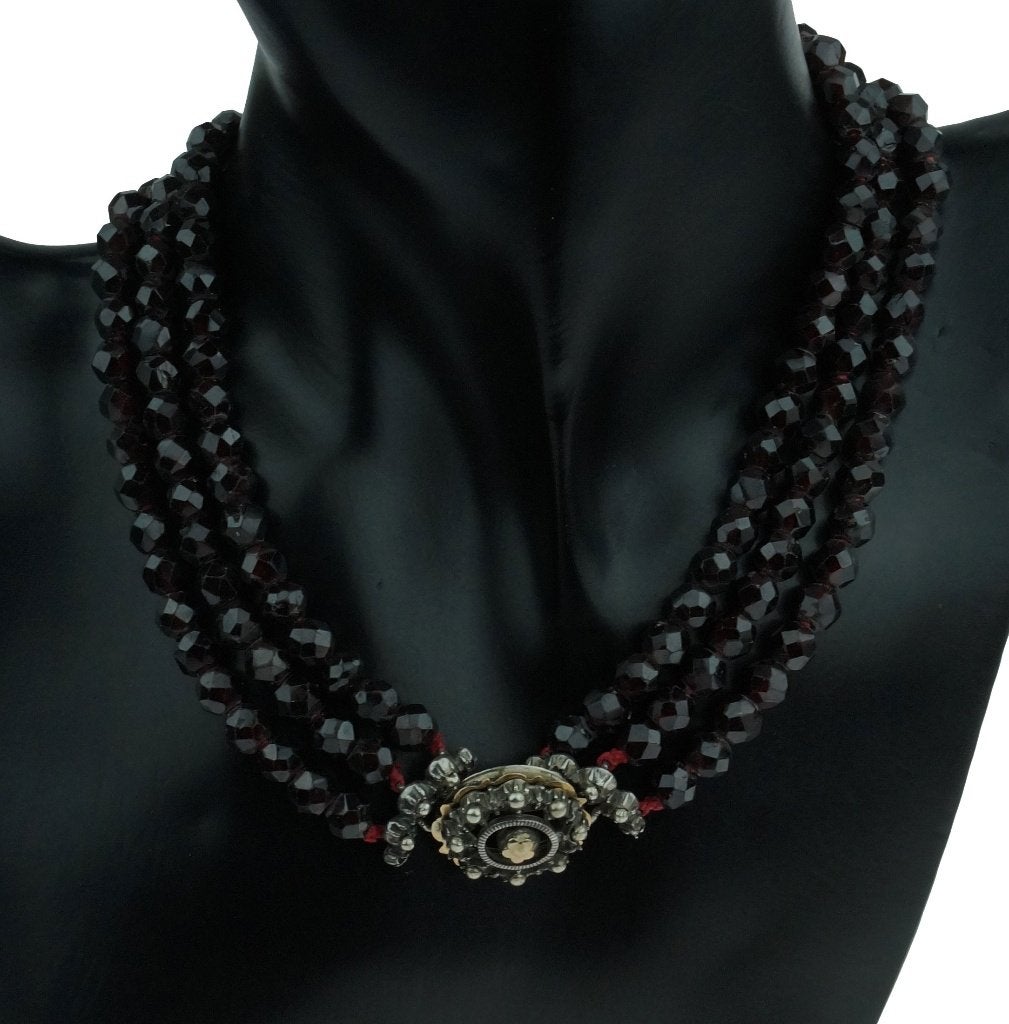 Granaat antieke ketting fraai 14k slot goud zilver robuust, Ophalen of Verzenden, Goud, Ketting, Met edelsteen