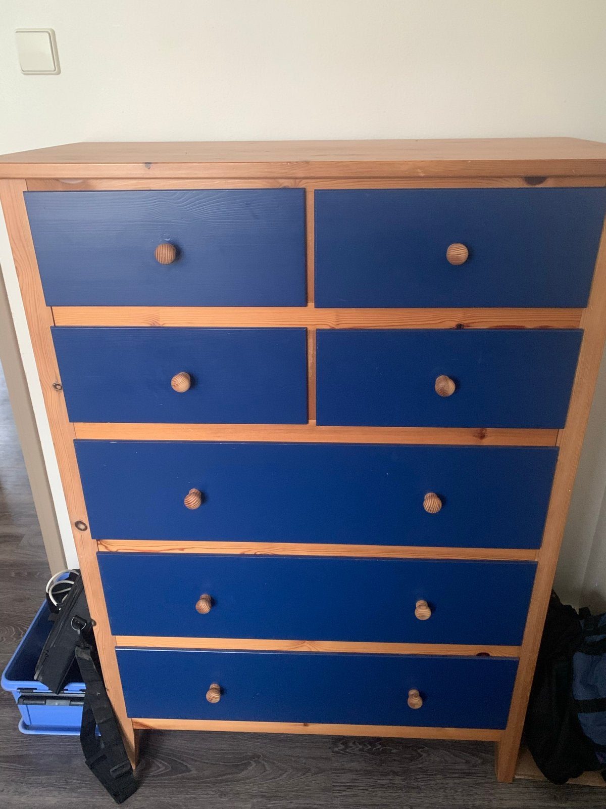 Houten ladekast met blauwe laden, Ophalen, Gebruikt, 5 laden of meer, 100 tot 150 cm