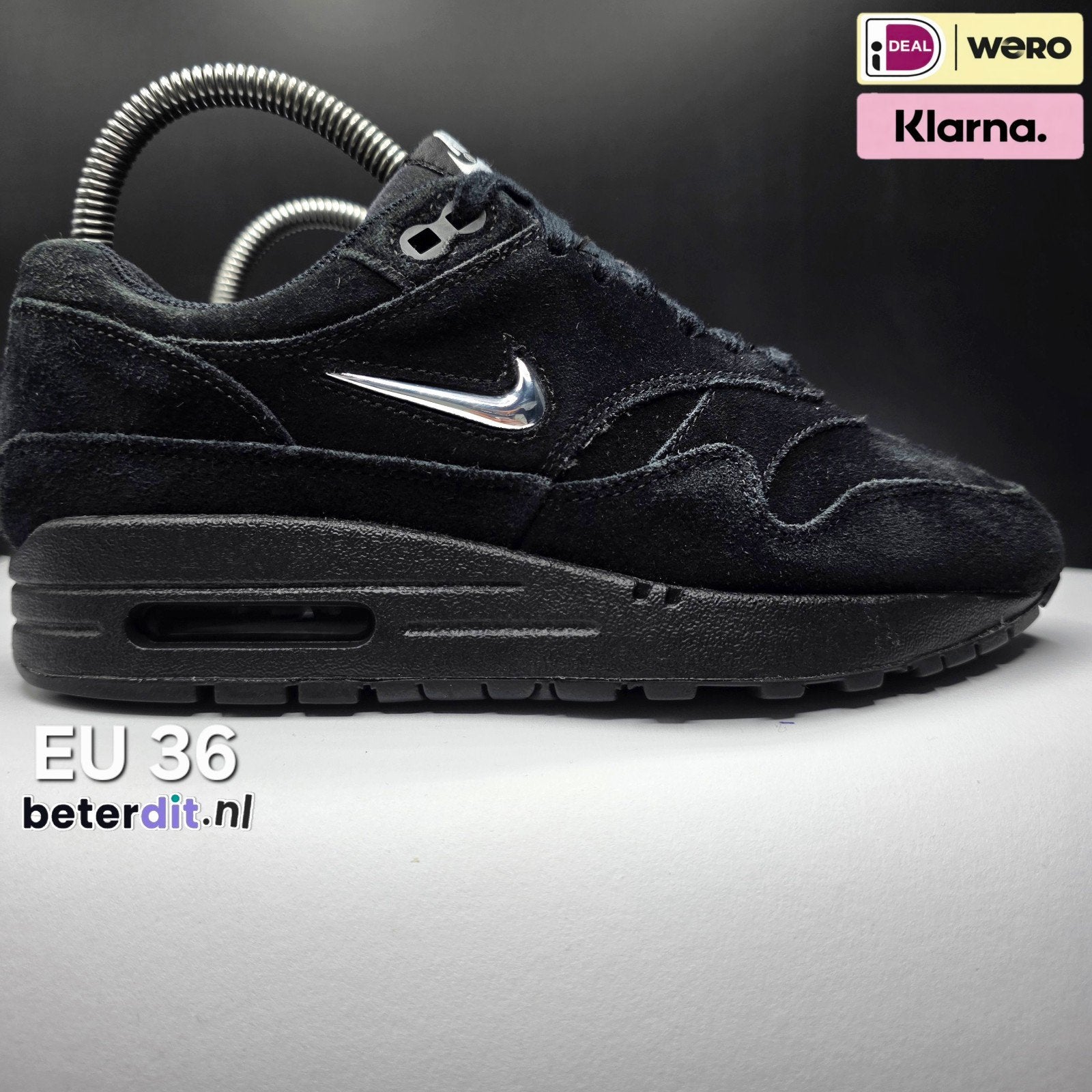 Nike Air Max 1 Jewel 'Black' Maat: 36, Zwart, Beterdit, Ophalen of Verzenden, Nike air max