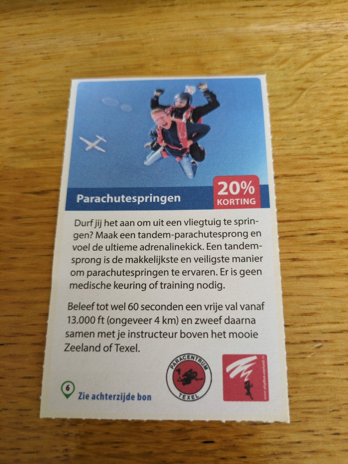 Kortingsbon voor parachutespringen, 20 % korting, Eén persoon, Kortingsbon, Overige typen