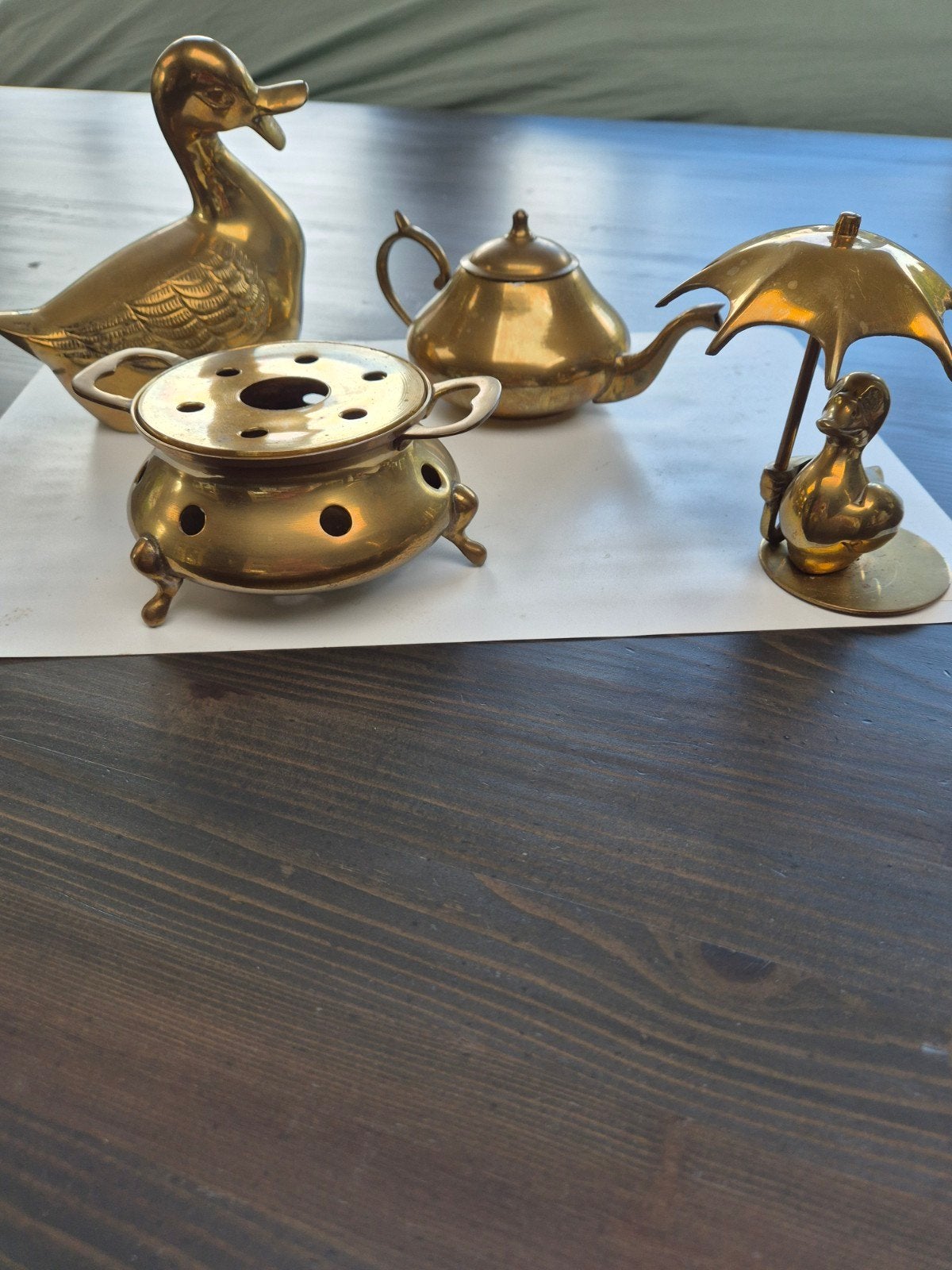 Messing decoratie set: eenden, theepot en rechaud, Antiek en Kunst, Antiek | Koper en Brons, Ophalen of Verzenden