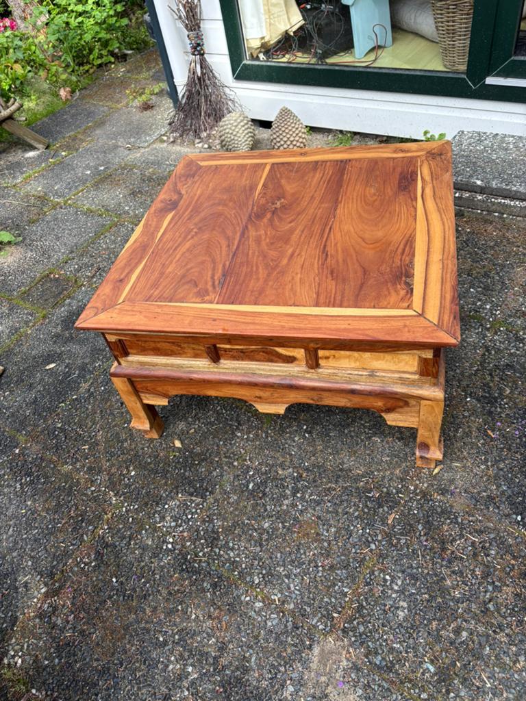Unieke Gevlamde Walnoot Salontafel - 80x80x44,5 cm, Ophalen, Gebruikt, Vierkant, 50 tot 100 cm