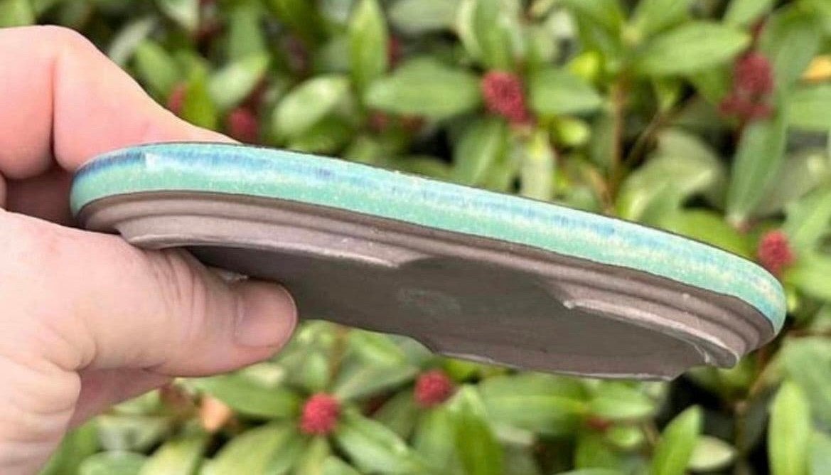 Bonsai onderzetter ovaal Turquoise geglazuurd 13,6x10,7x1,5, Ophalen of Verzenden, Zo goed als nieuw, Overige vormen, Aardewerk