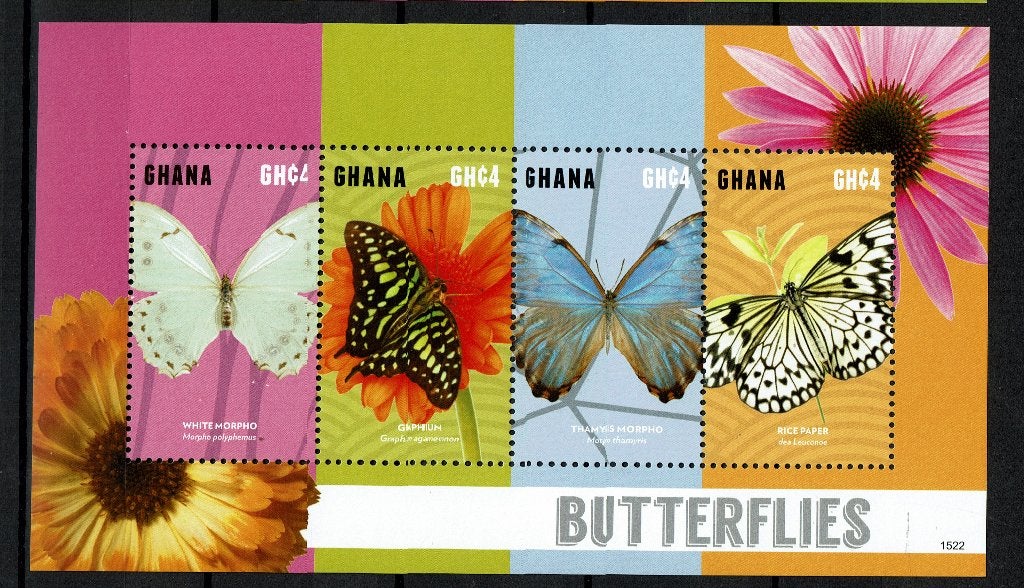GHANA 2015 PF BLOK VLINDERS INSECTEN BUTTERFIES BLOEMEN 1, Ophalen of Verzenden, Postfris, Dier of Natuur