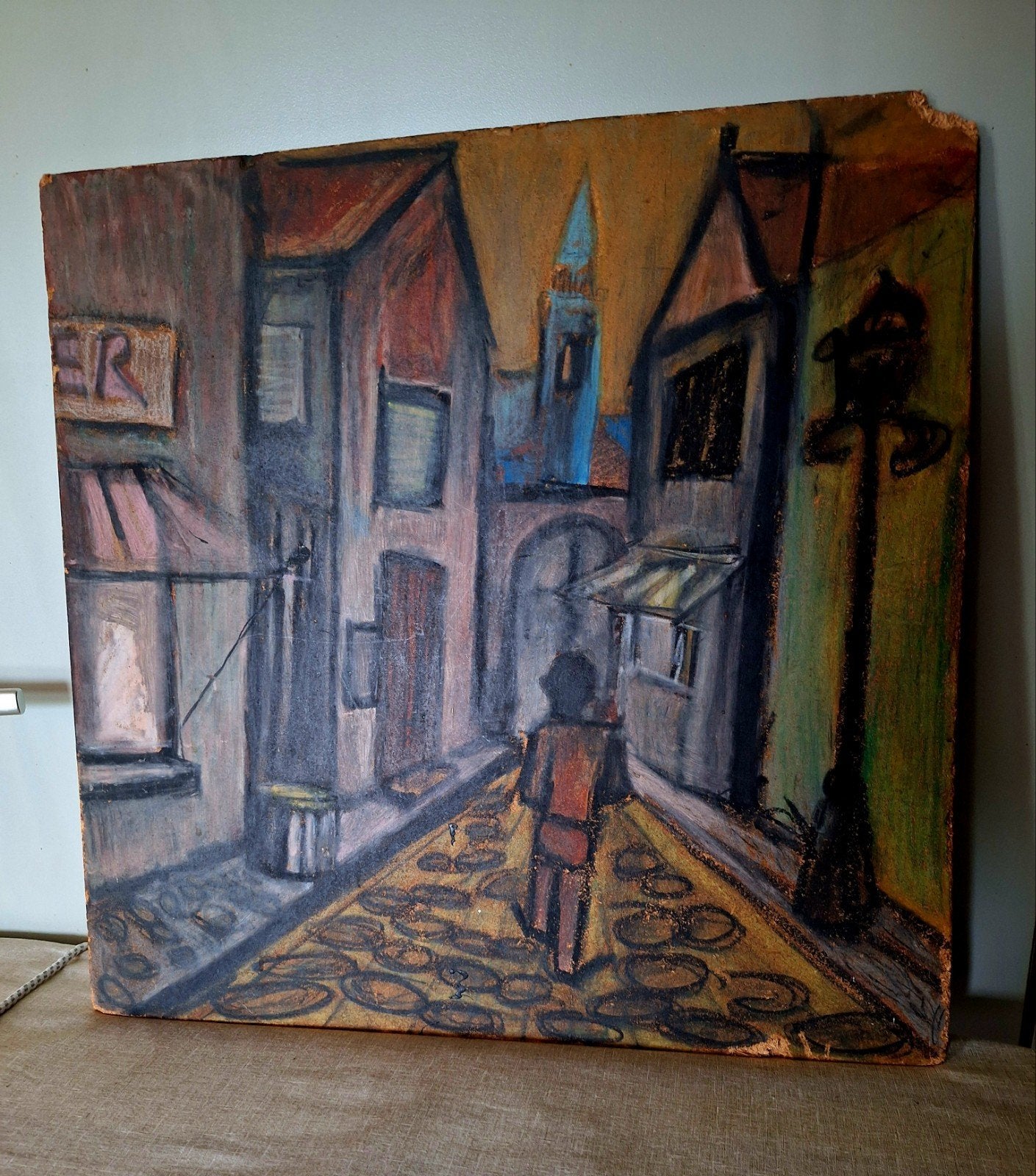 Schilderij stadsgezicht, 62x62 cm, krijt op board., Ophalen of Verzenden