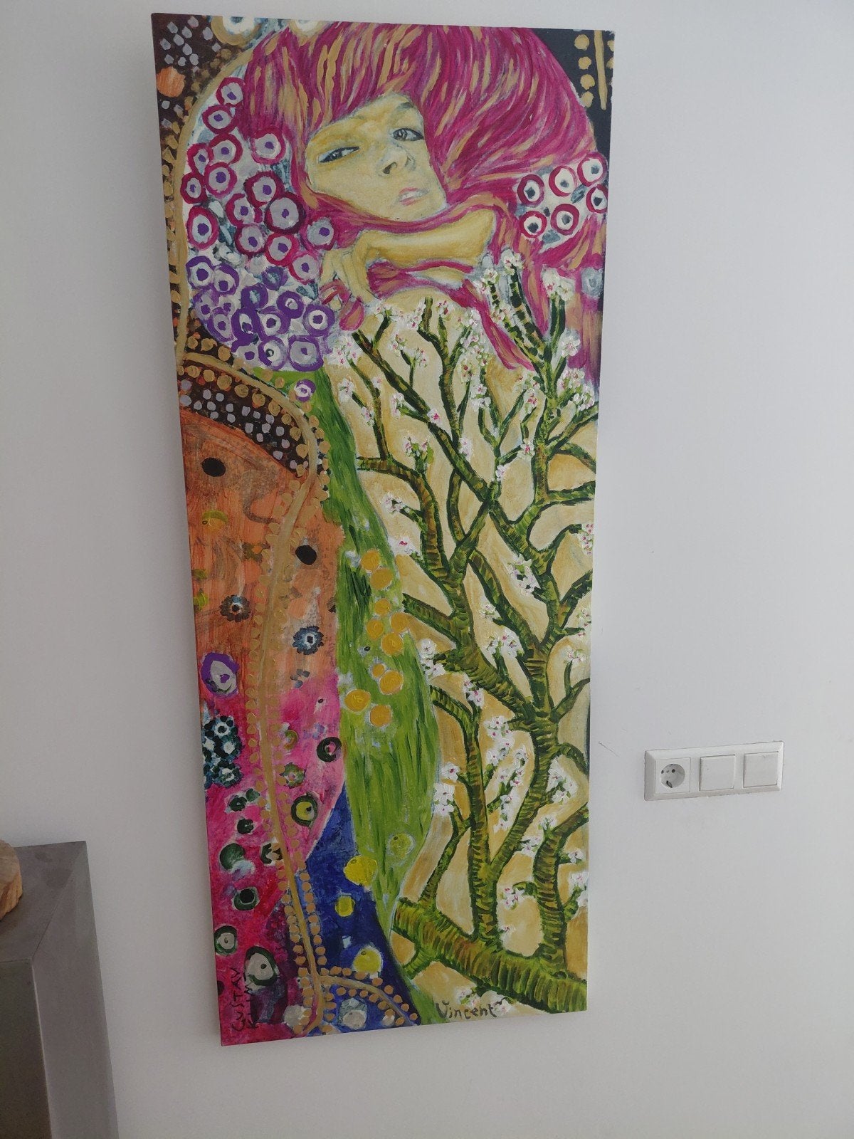 Modern schilderij: Vrouw met bloesemboom, Ophalen, Op houten frame, Textiel, Figuren