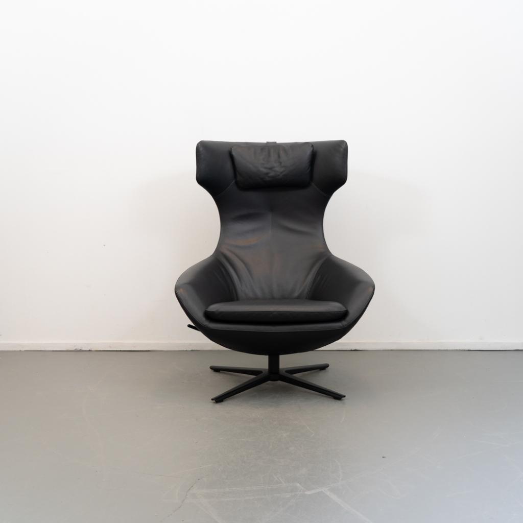 1x Leolux Caruzzo PLUS Fauteuil + Voetenbank - Zwart Leer, Niet ingevuld, Niet ingevuld, 75 tot 100 cm, Ophalen of Verzenden