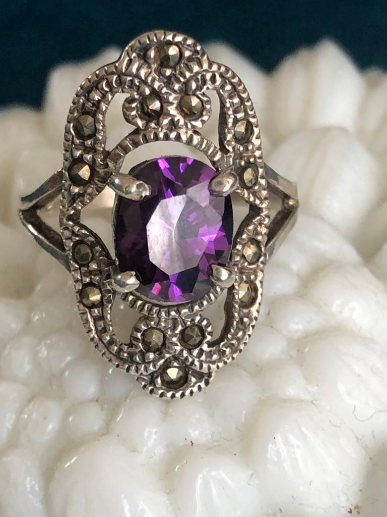 Ring Amethist 💜Art Deco Stijl Zilver markasiet, Ophalen, Gebruikt, Paars, 17 tot 18