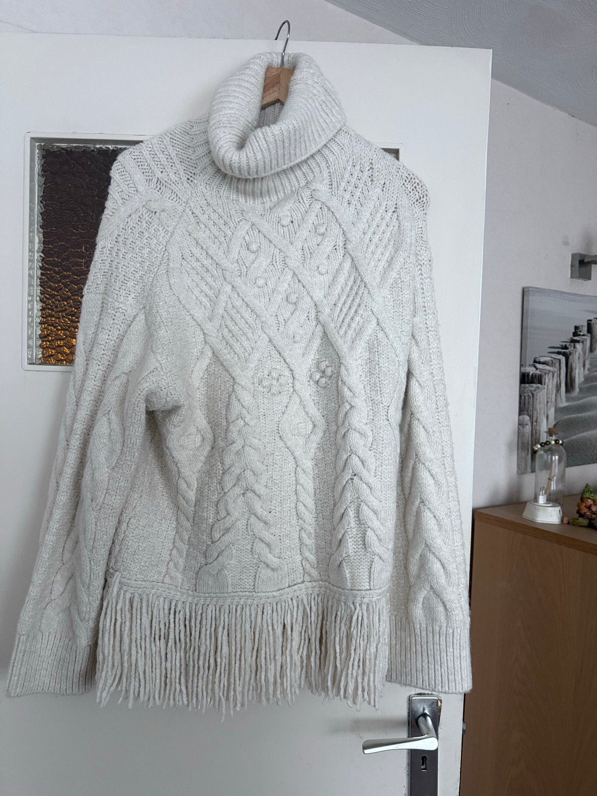 Mooie ecru/crème-beige trui met franjes - Maat L, Ophalen of Verzenden, Gedragen, Maat 42/44 (L), Beige