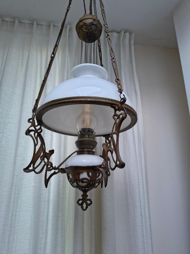Authentieke Franse hanglamp, Huis en Inrichting, Ophalen, Gebruikt, Glas, 75 cm of meer