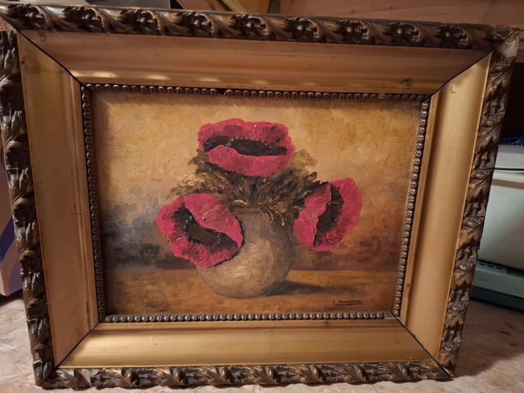 Olieverfschilderij met rode klaprozen in vaas, gesigneerd, Ophalen of Verzenden