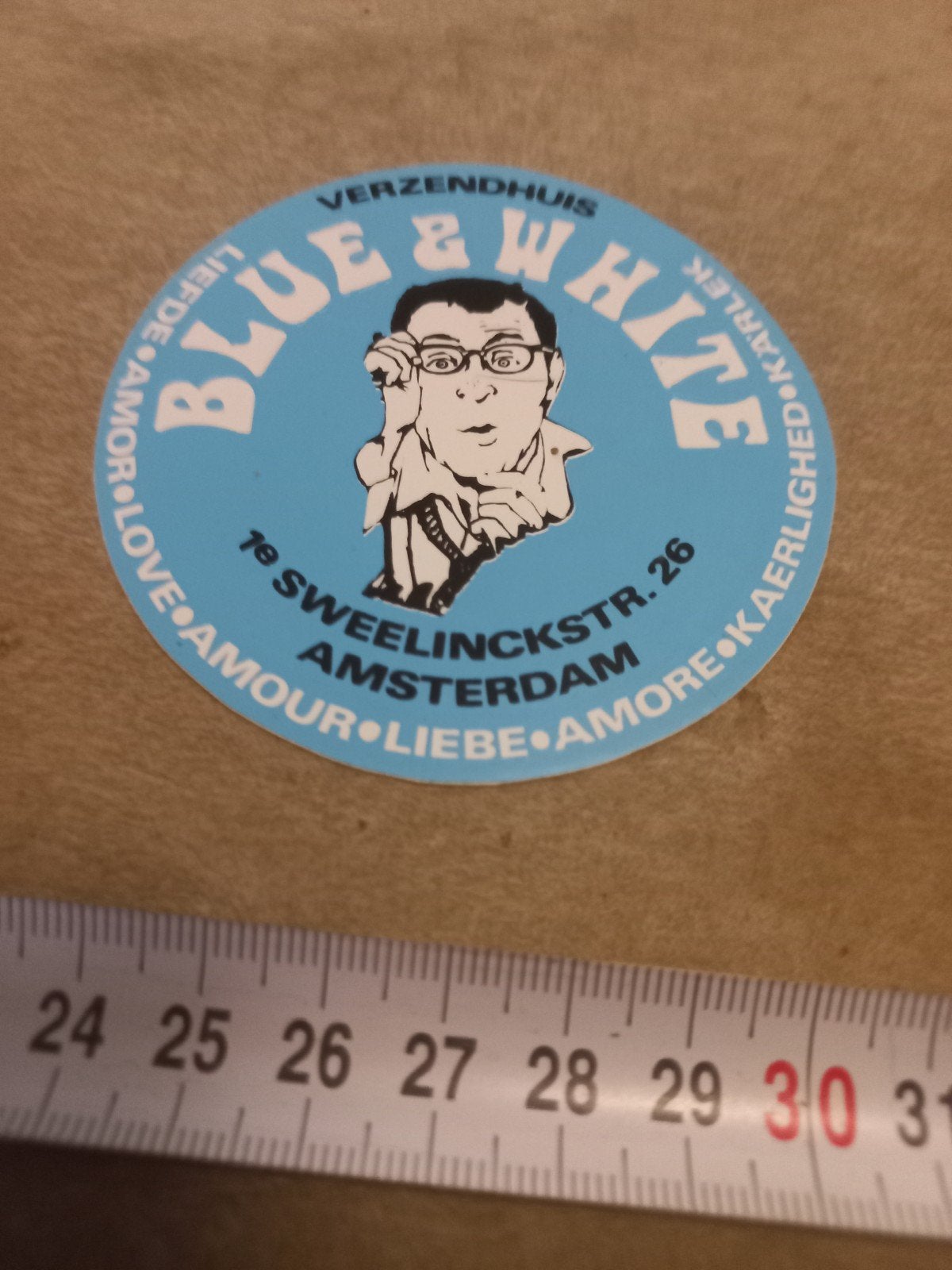 Vintage Sticker Verzendhuis Blue & White Amsterdam, Ophalen of Verzenden