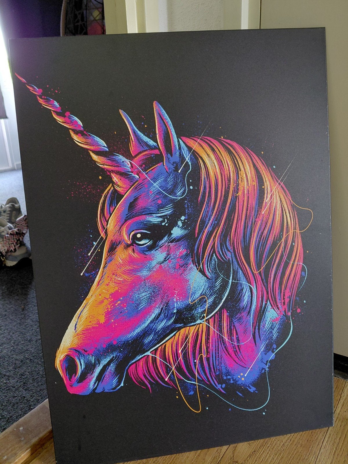 Displate metalen schilderij eenhoorn 67x48cm, Minder dan 50 cm, Gebruikt, 50 tot 75 cm, Ophalen of Verzenden
