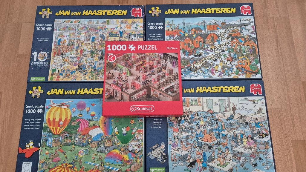 4 Jan van Haasterenpuzzels + gratis kruidvat puzzel, Ophalen of Verzenden, 500 t/m 1500 stukjes, Zo goed als nieuw