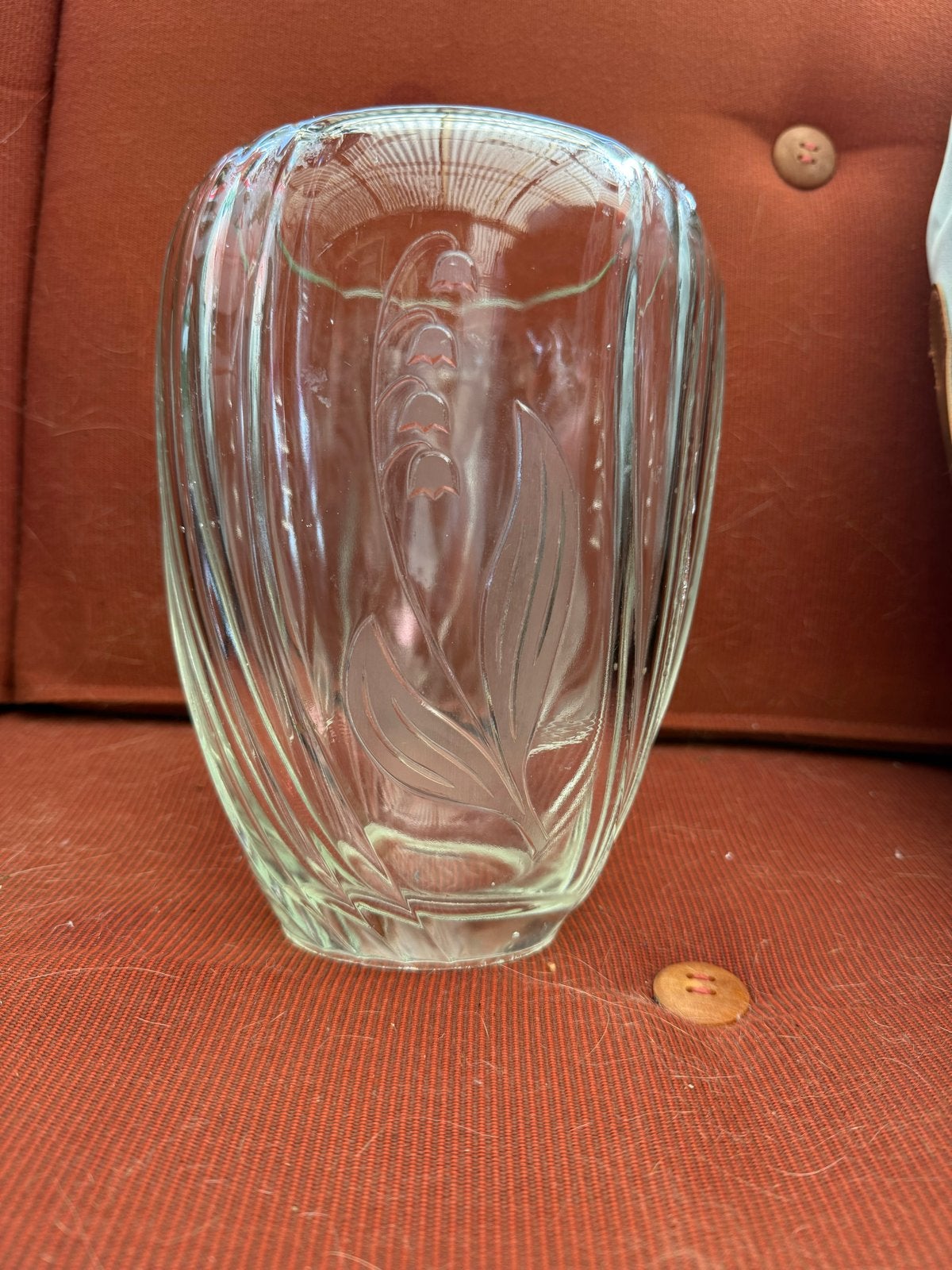 Vintage glazen vaas met lelietje-van-dalen motief 20/15cm, Antiek en Kunst, Ophalen of Verzenden