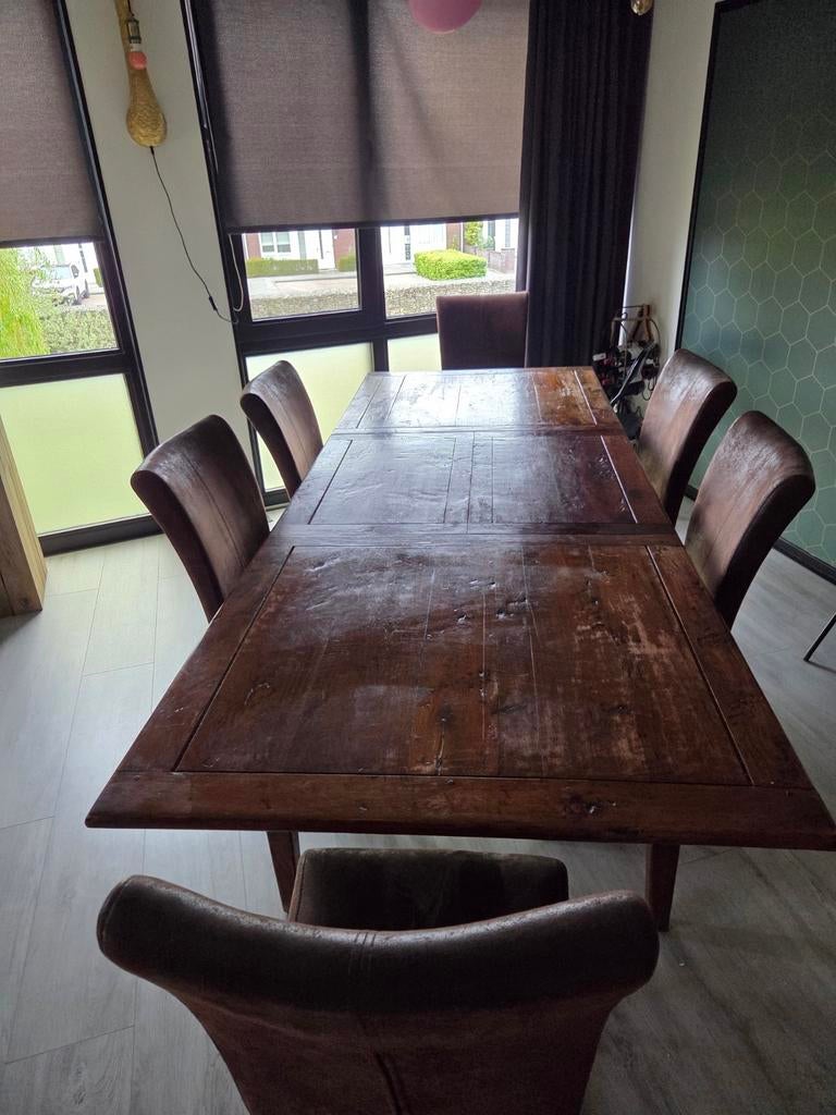 Eettafel met 6 leren stoelen - ZGAN, Huis en Inrichting, Tafels | Eettafels, Zo goed als nieuw, Vijf personen of meer, 150 tot 200 cm