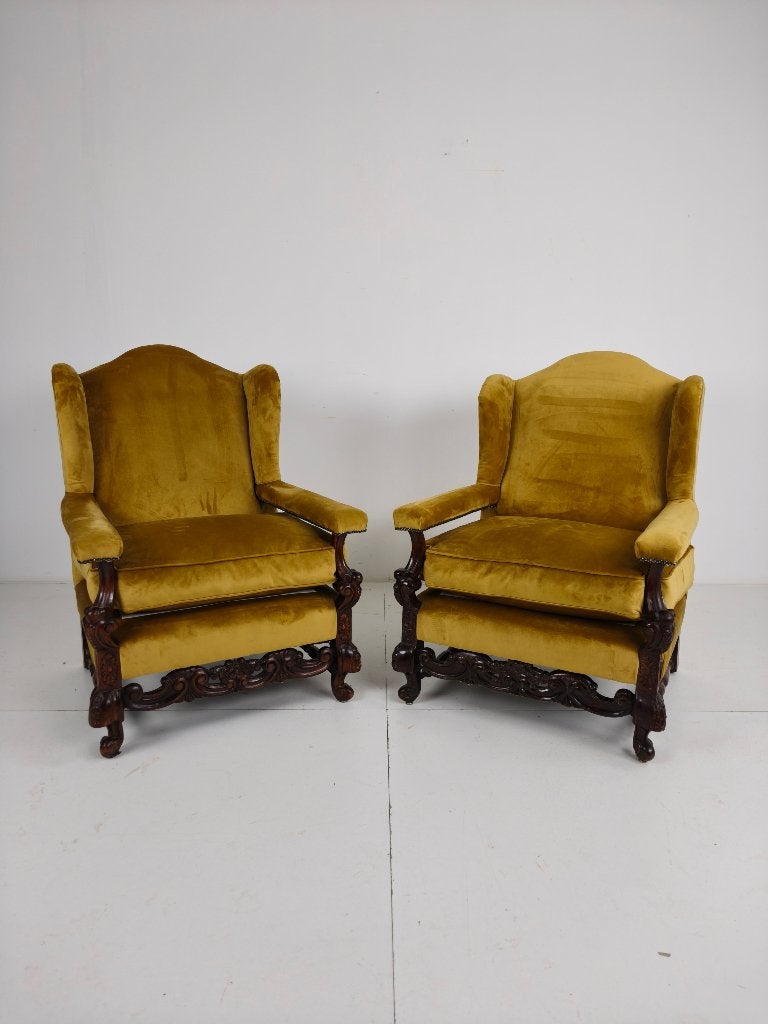 2x 19e-eeuwse notenhouten fauteuils met fluwelen bekleding, Ophalen of Verzenden