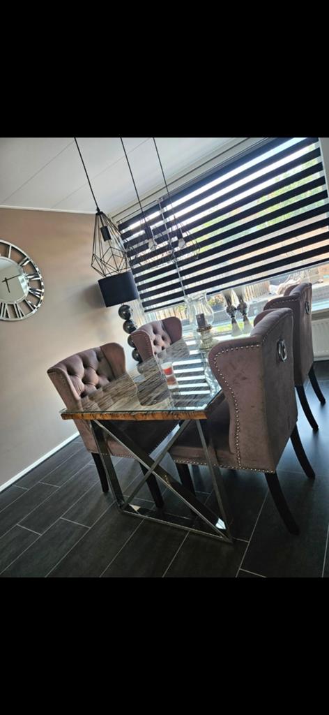 Moderne Eettafel en Salontafel met Glazen Blad, Ophalen, 100 tot 150 cm, Zo goed als nieuw, Glas