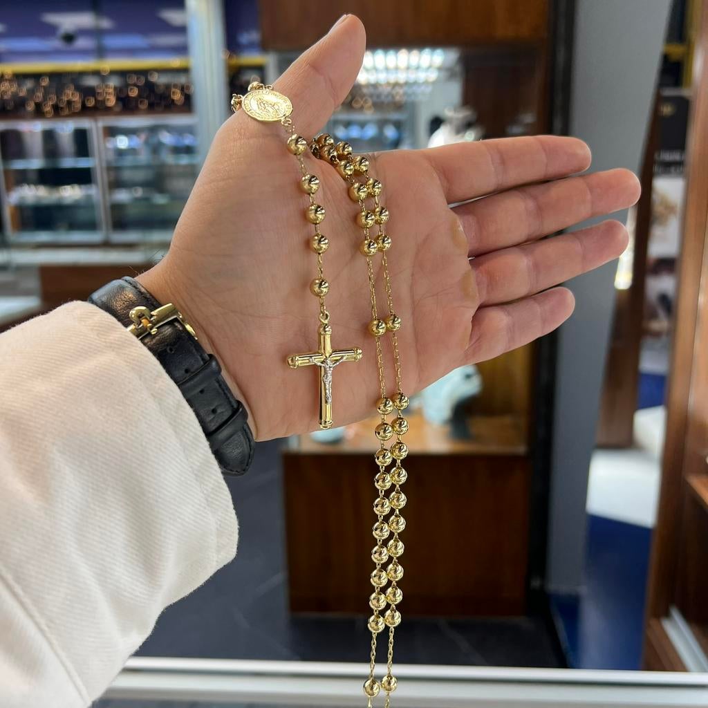 14 karaat gouden rozenkrans ketting kruis groot model, Ophalen of Verzenden, Zo goed als nieuw, Goud