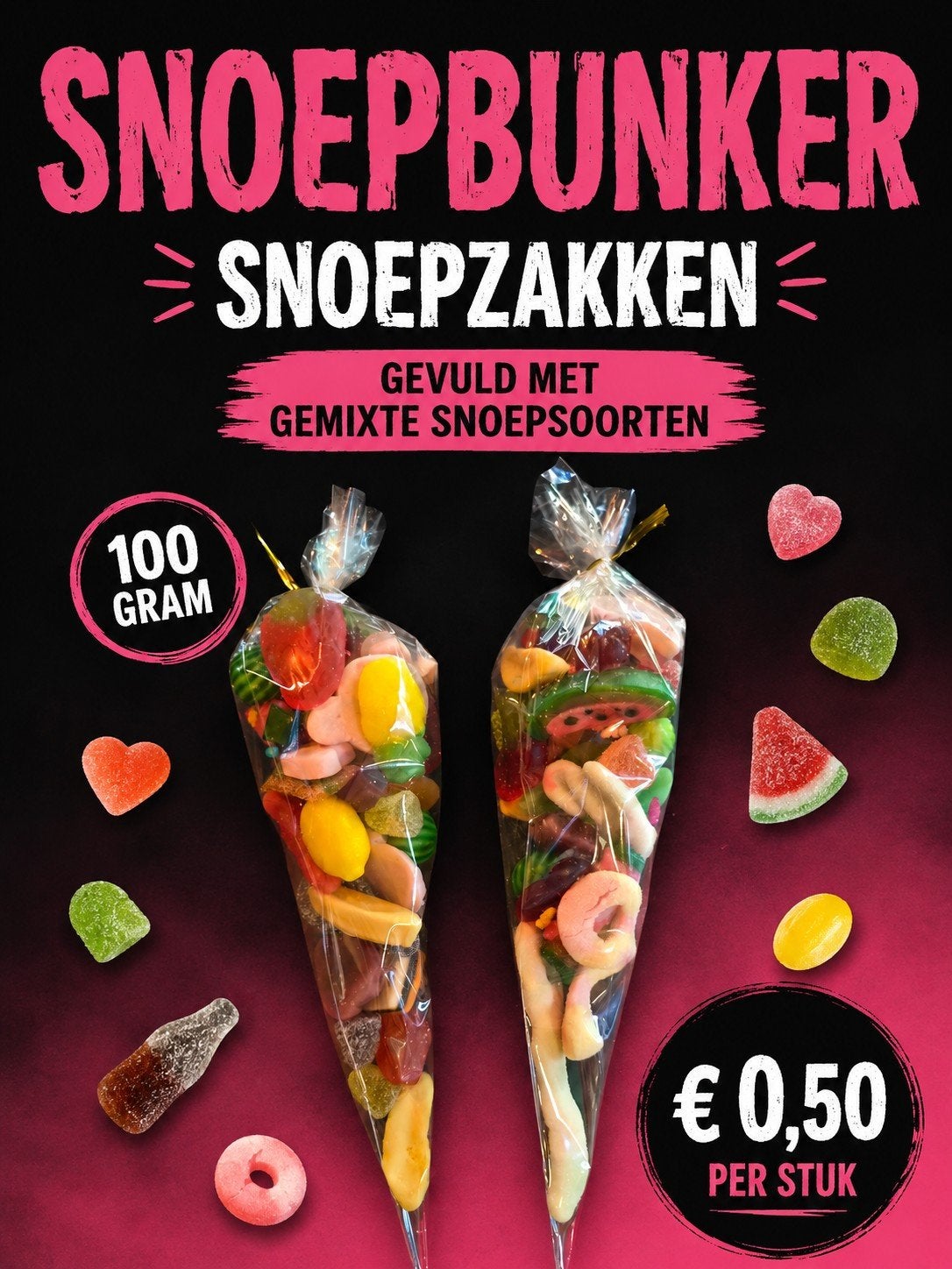 snoepbunker snoepzakken. 100 gram € 0,50, Ophalen of Verzenden