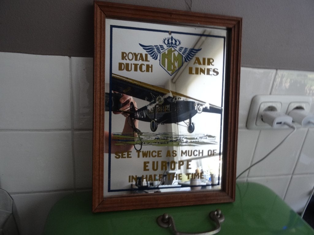 Oude reclamespiegel afb KLM Fokker F7 vliegtuig, Verzamelen, Ophalen, Gebruikt, Overige typen