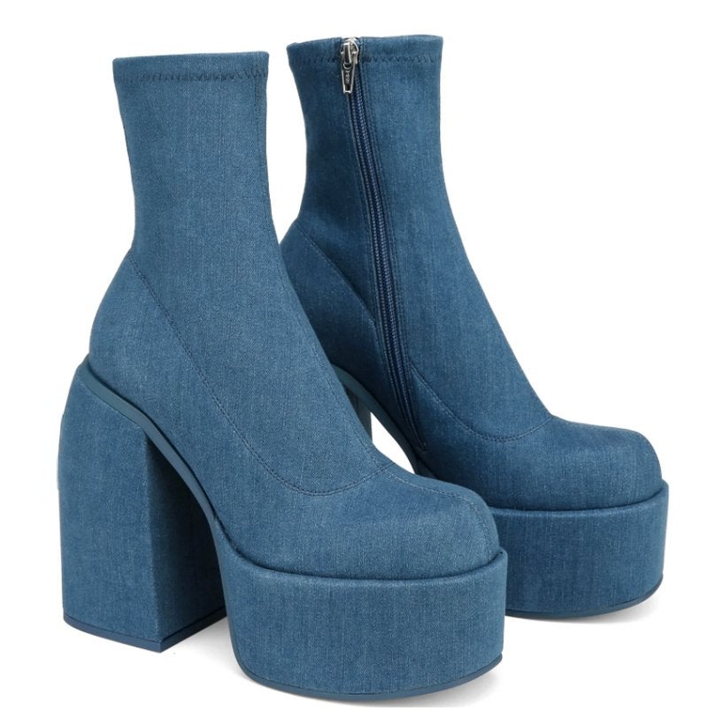 Blauwe enkellaarsjes met blokhak dames denim lage laarzen, Verzenden, Nieuw, Blauw, Lage of Enkellaarzen