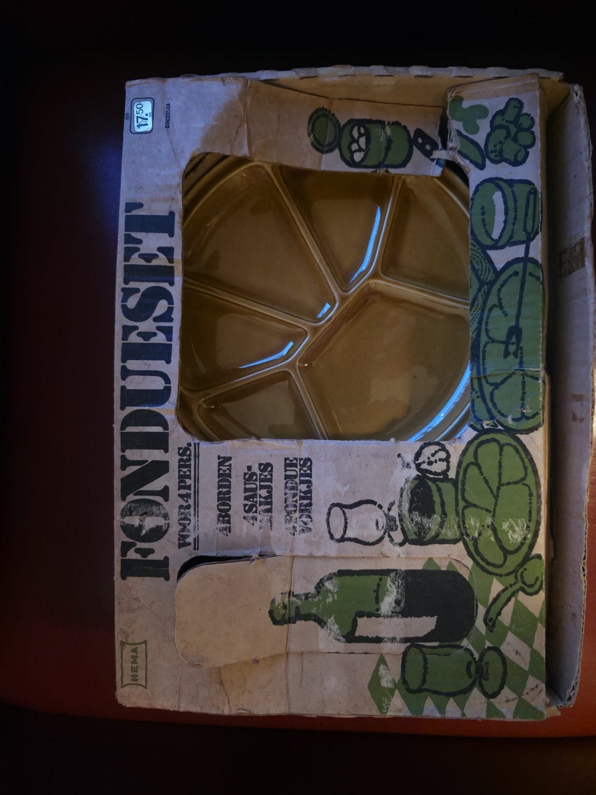 Vintage Fondue Set Gien France - Compleet in Doos, Ophalen of Verzenden, Aardewerk, Overige stijlen, Bord(en)