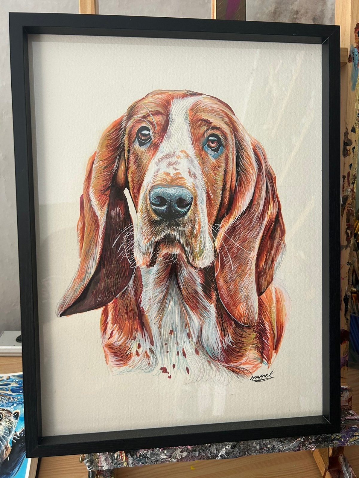 Beagle tekening met lijst 30 x 40 cm, Ophalen of Verzenden, Zo goed als nieuw, Minder dan 50 cm, Schilderij